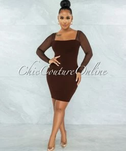 Vendor-unknown Unelina Chocolate Brown Mesh Long Sleeves Dress