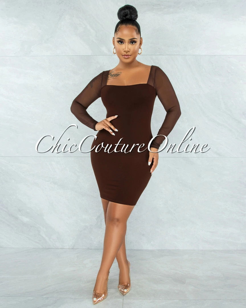 Vendor-unknown Unelina Chocolate Brown Mesh Long Sleeves Dress