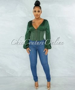 Vendor-unknown JUST IN Maina Hunter Green Satin Suede Corset Style Top