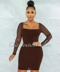Vendor-unknown Unelina Chocolate Brown Mesh Long Sleeves Dress