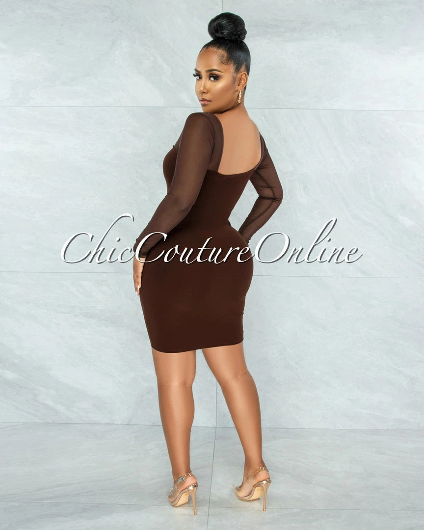 Vendor-unknown Unelina Chocolate Brown Mesh Long Sleeves Dress
