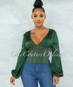Vendor-unknown JUST IN Maina Hunter Green Satin Suede Corset Style Top