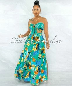 Vendor-unknown Zaidee Green Floral Print Crop Top & Maxi Skirt Set JUST IN