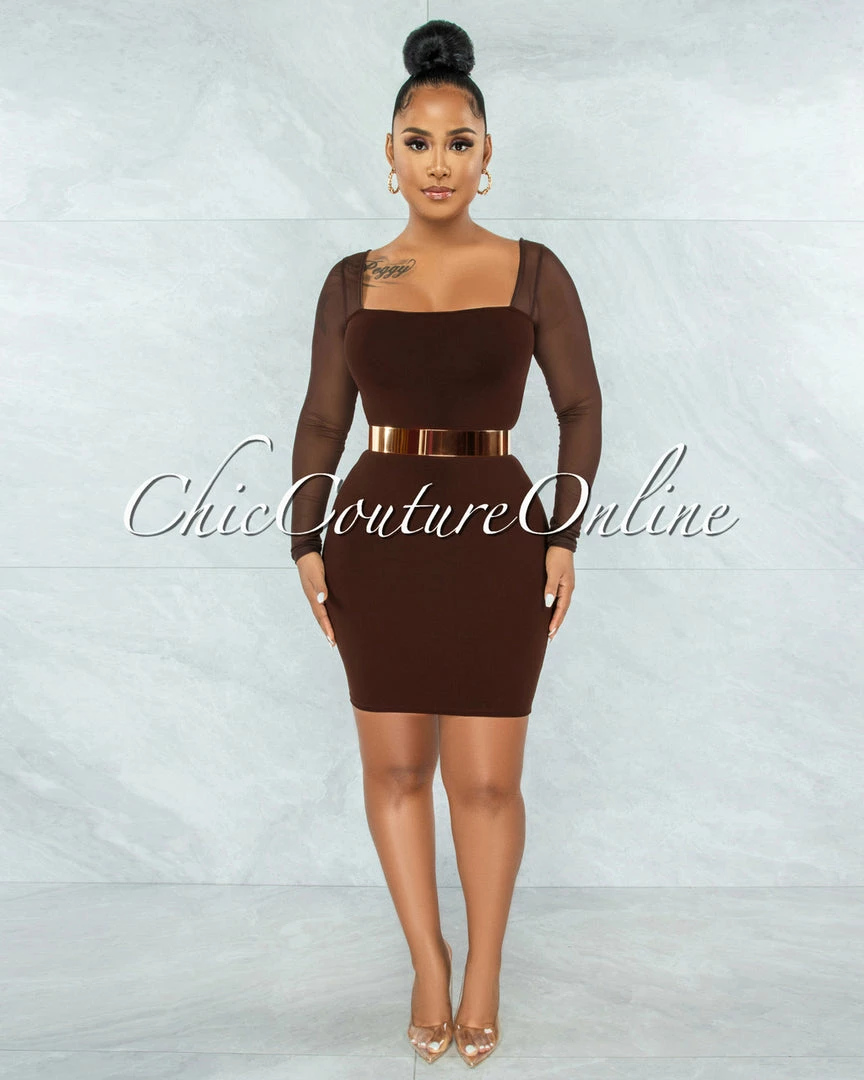 Vendor-unknown Unelina Chocolate Brown Mesh Long Sleeves Dress