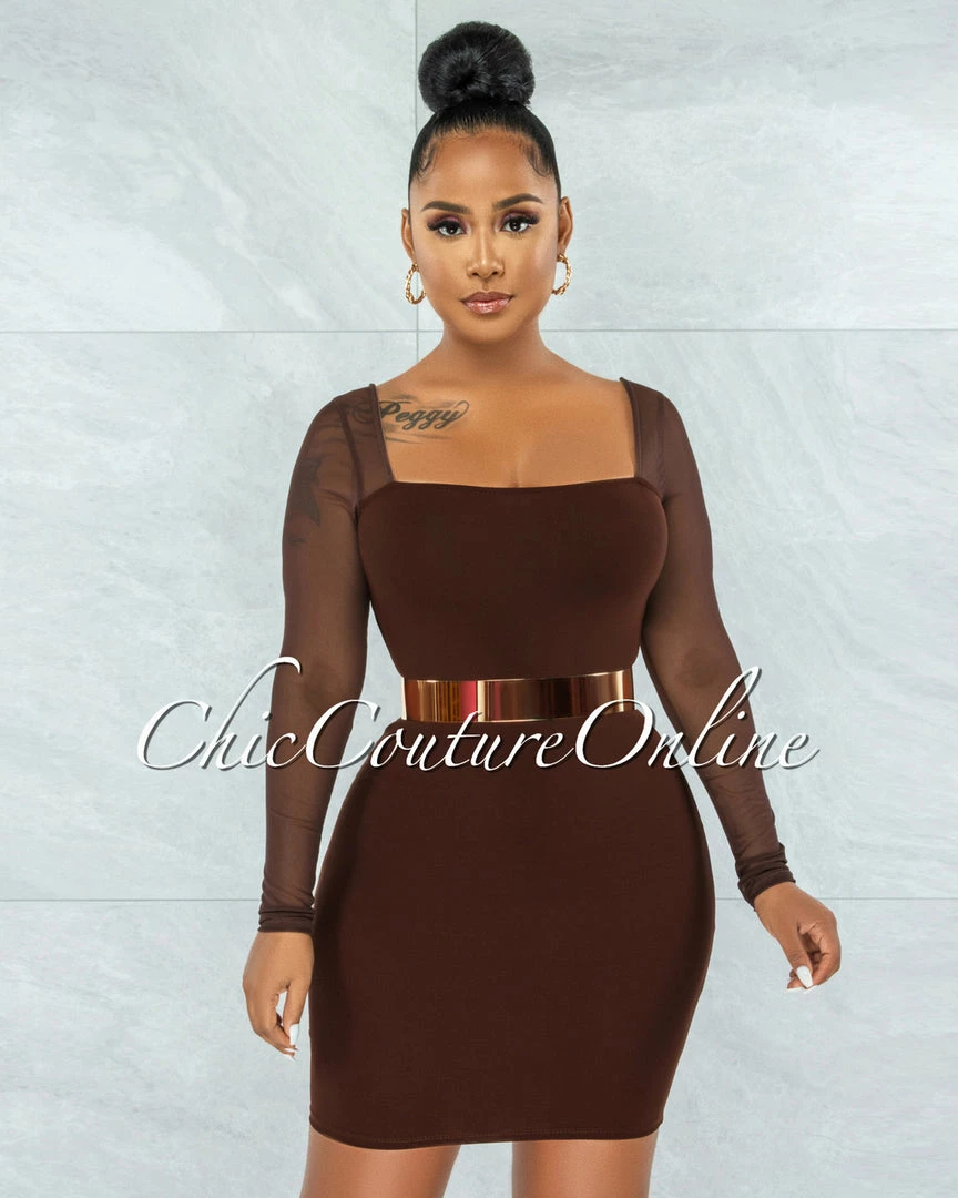Vendor-unknown Unelina Chocolate Brown Mesh Long Sleeves Dress