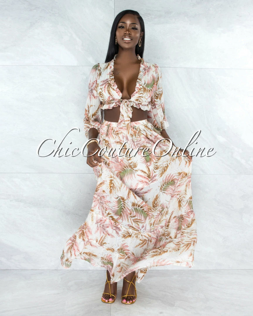 Vendor-unknown Sadella Ivory Salmon Leaf Print Ruffled Top & Maxi Skirt Set JUST IN