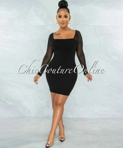 Vendor-unknown JUST IN Unelina Black Mesh Long Sleeves Dress