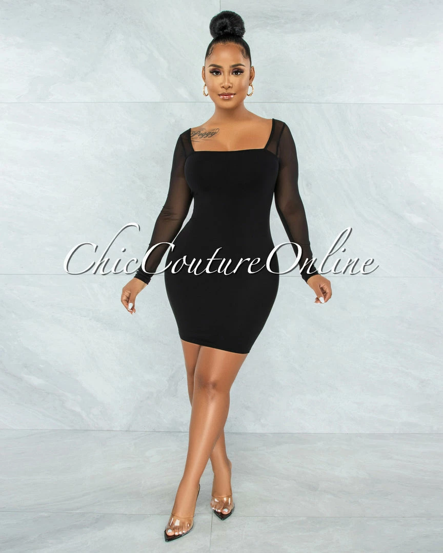 Vendor-unknown JUST IN Unelina Black Mesh Long Sleeves Dress