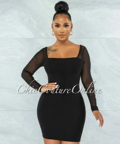 Vendor-unknown JUST IN Unelina Black Mesh Long Sleeves Dress