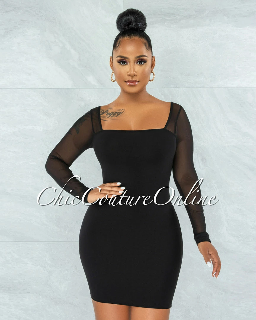Vendor-unknown JUST IN Unelina Black Mesh Long Sleeves Dress