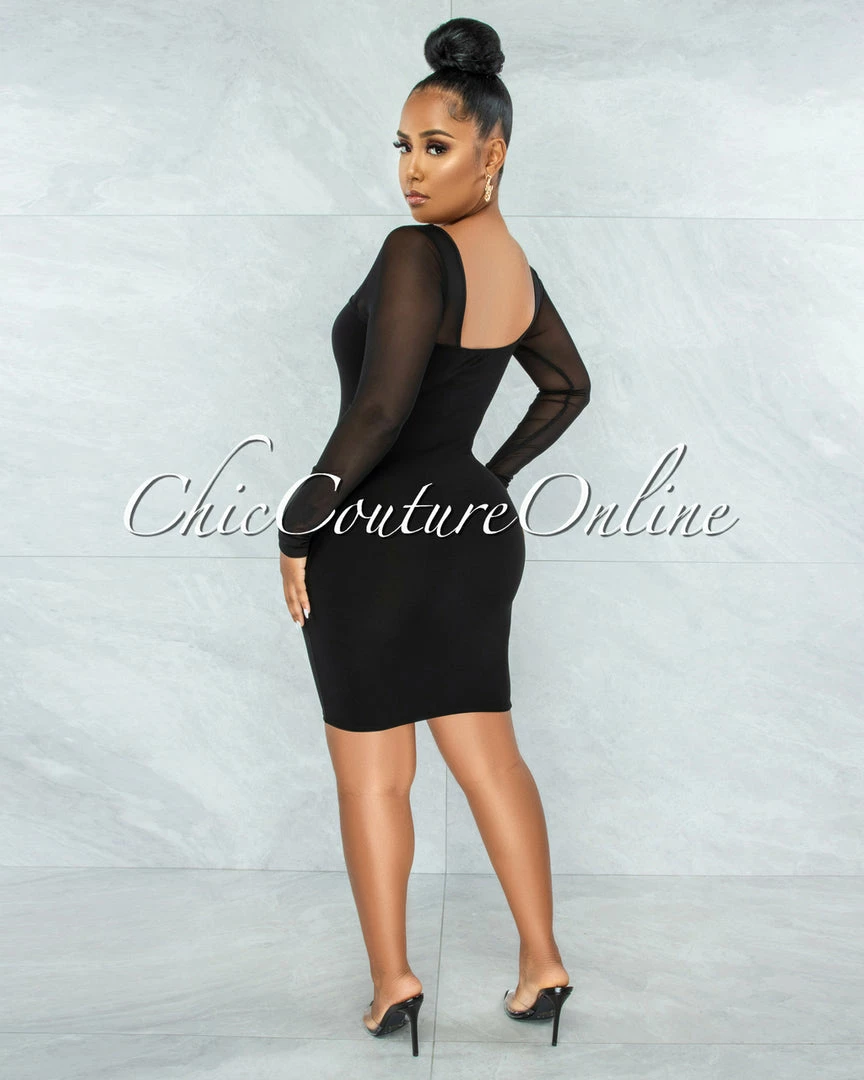 Vendor-unknown JUST IN Unelina Black Mesh Long Sleeves Dress