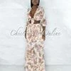 Vendor-unknown Sadella Ivory Salmon Leaf Print Ruffled Top & Maxi Skirt Set JUST IN
