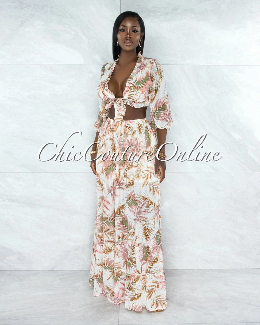 Vendor-unknown Sadella Ivory Salmon Leaf Print Ruffled Top & Maxi Skirt Set JUST IN