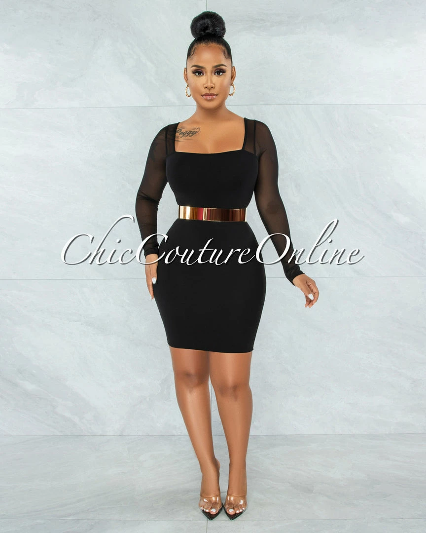 Vendor-unknown JUST IN Unelina Black Mesh Long Sleeves Dress