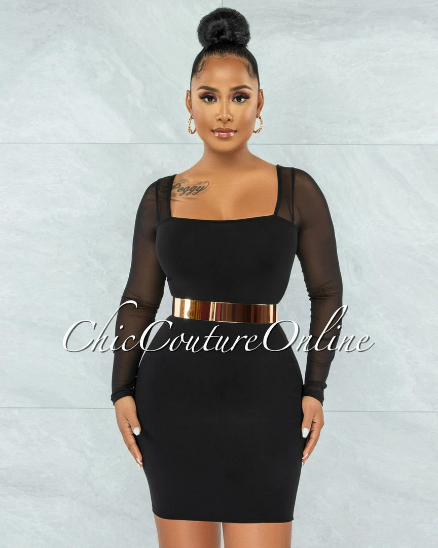 Vendor-unknown JUST IN Unelina Black Mesh Long Sleeves Dress
