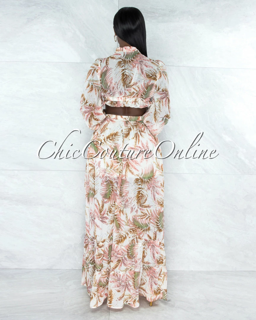 Vendor-unknown Sadella Ivory Salmon Leaf Print Ruffled Top & Maxi Skirt Set JUST IN