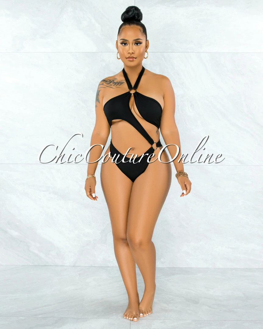 Vendor-unknown Cafice Black O-Ring Halter Swimsuit & Maxi Skirt Set