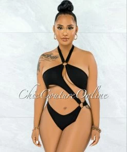 Vendor-unknown Cafice Black O-Ring Halter Swimsuit & Maxi Skirt Set