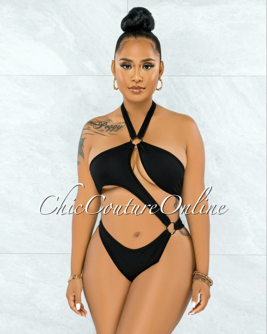 Vendor-unknown Cafice Black O-Ring Halter Swimsuit & Maxi Skirt Set
