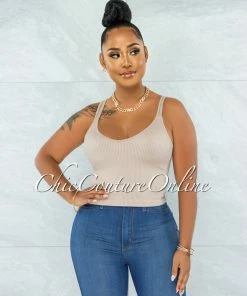 Vendor-unknown Liya Nude V-Neck Ribbed Crop Top