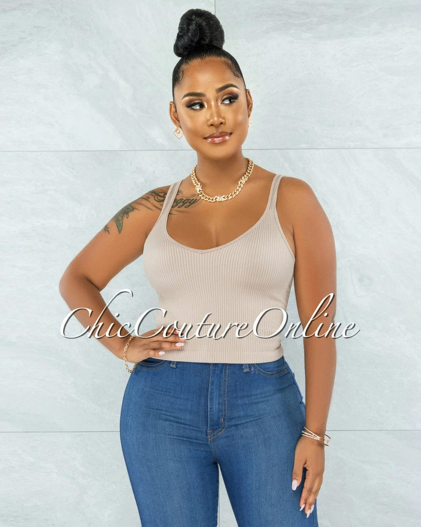 Vendor-unknown Liya Nude V-Neck Ribbed Crop Top