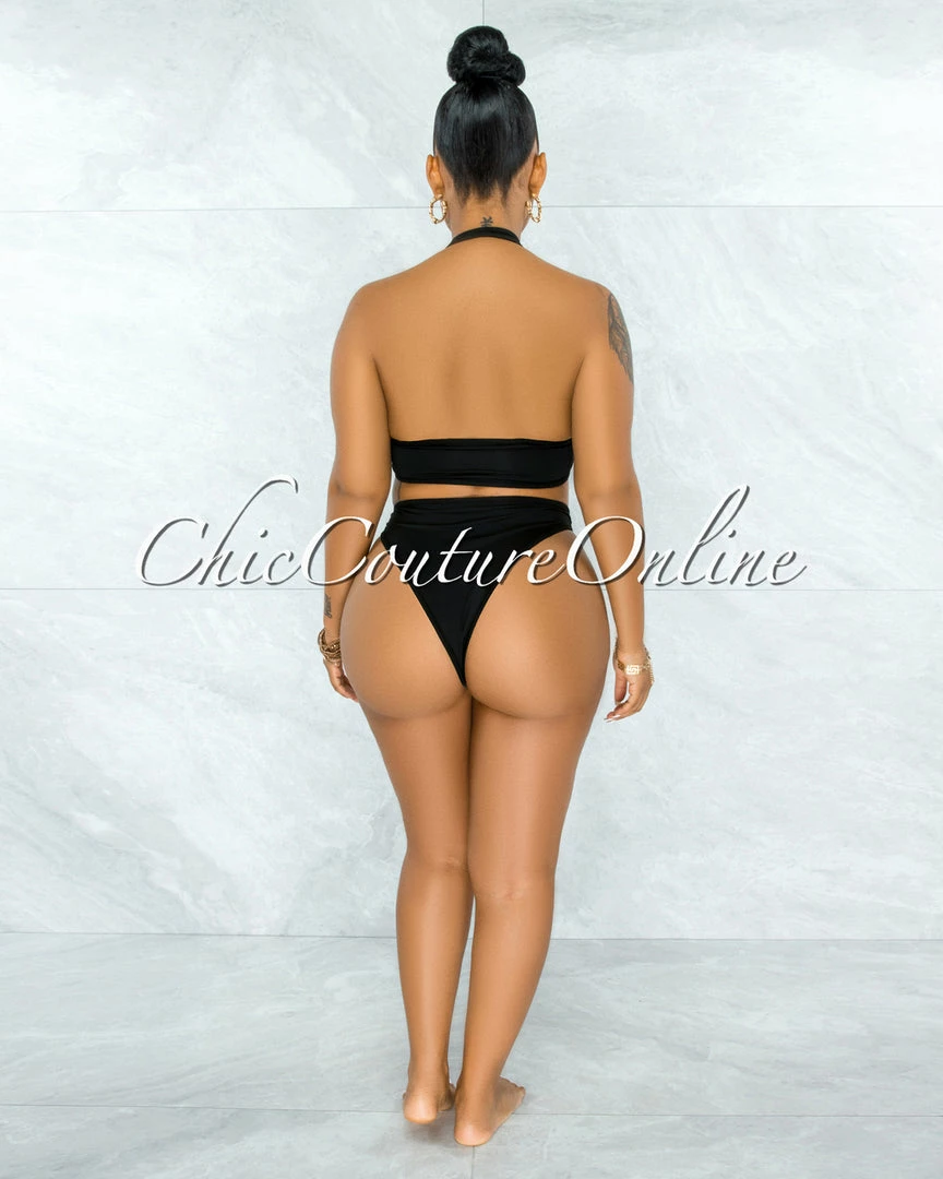 Vendor-unknown Cafice Black O-Ring Halter Swimsuit & Maxi Skirt Set