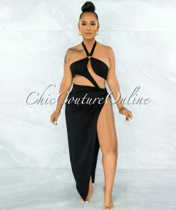 Vendor-unknown Cafice Black O-Ring Halter Swimsuit & Maxi Skirt Set