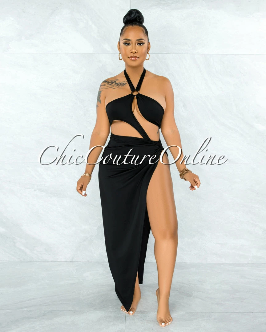 Vendor-unknown Cafice Black O-Ring Halter Swimsuit & Maxi Skirt Set