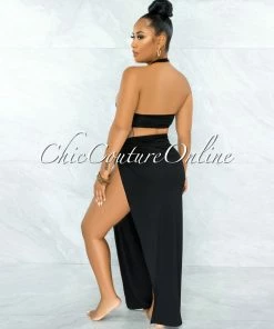 Vendor-unknown Cafice Black O-Ring Halter Swimsuit & Maxi Skirt Set