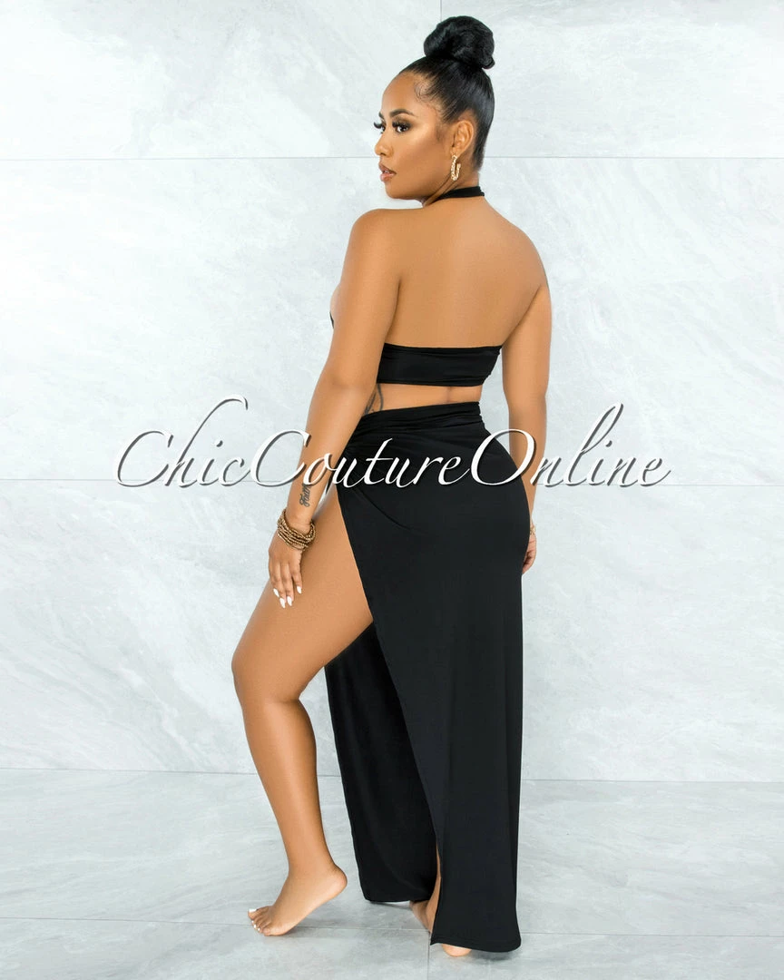 Vendor-unknown Cafice Black O-Ring Halter Swimsuit & Maxi Skirt Set