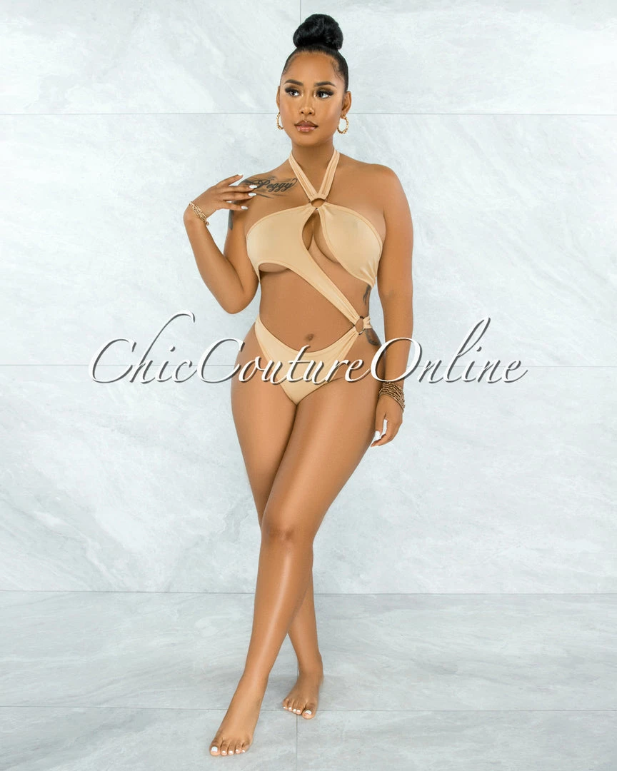 Vendor-unknown Cafice Nude O-Ring Halter Swimsuit & Maxi Skirt Set
