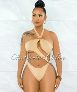 Vendor-unknown Cafice Nude O-Ring Halter Swimsuit & Maxi Skirt Set