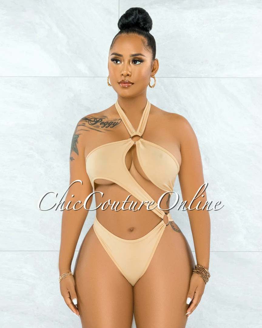 Vendor-unknown Cafice Nude O-Ring Halter Swimsuit & Maxi Skirt Set