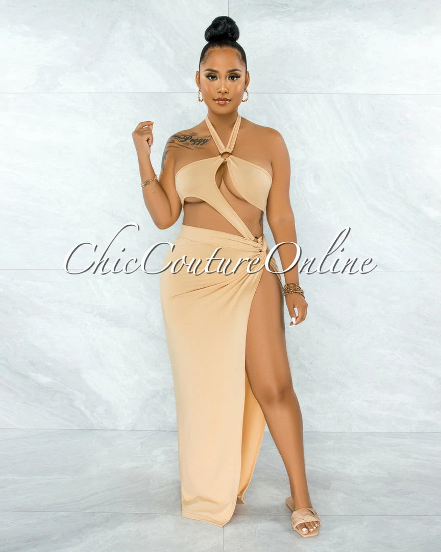 Vendor-unknown Cafice Nude O-Ring Halter Swimsuit & Maxi Skirt Set