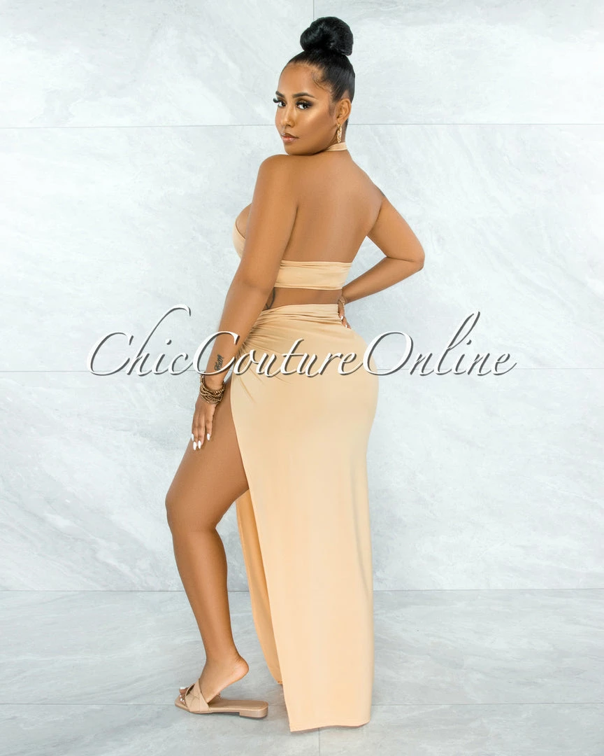 Vendor-unknown Cafice Nude O-Ring Halter Swimsuit & Maxi Skirt Set
