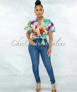 Vendor-unknown Cathal Multi Neon Print Front Tie Bubble Sleeves Blouse JUST IN