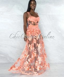 Vendor-unknown Lidonie Coral Embroidery Mesh Maxi Padded Dress