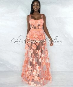 Vendor-unknown Lidonie Coral Embroidery Mesh Maxi Padded Dress