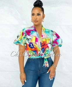 Vendor-unknown Cathal Multi Neon Print Front Tie Bubble Sleeves Blouse JUST IN