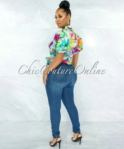 Vendor-unknown Cathal Multi Neon Print Front Tie Bubble Sleeves Blouse JUST IN