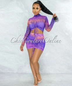 Vendor-unknown Ruhette Purple Pink Tie-Dye Ruched Two Piece Mesh Set