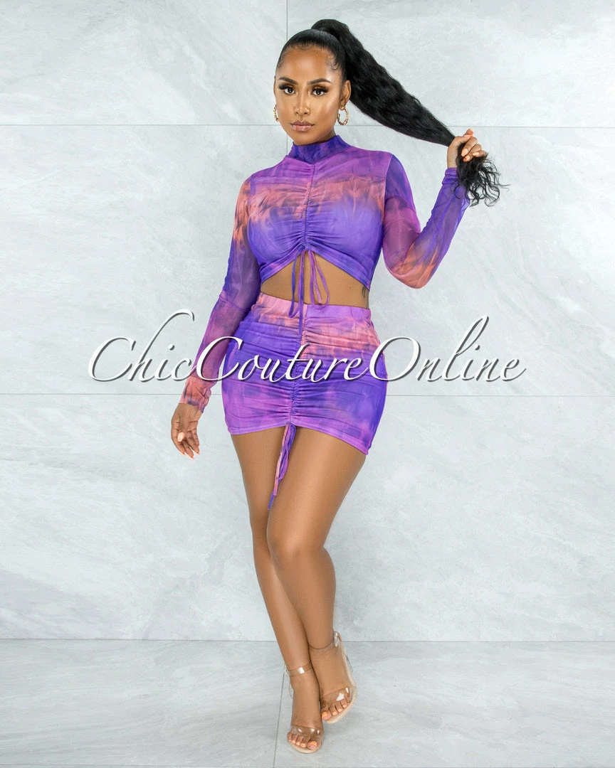 Vendor-unknown Ruhette Purple Pink Tie-Dye Ruched Two Piece Mesh Set
