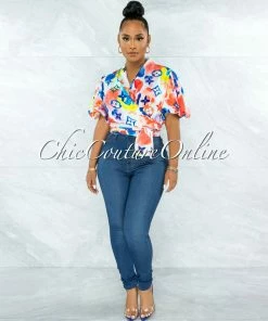 Vendor-unknown David Orange Blue Print Front Tie Bubble Sleeves Blouse