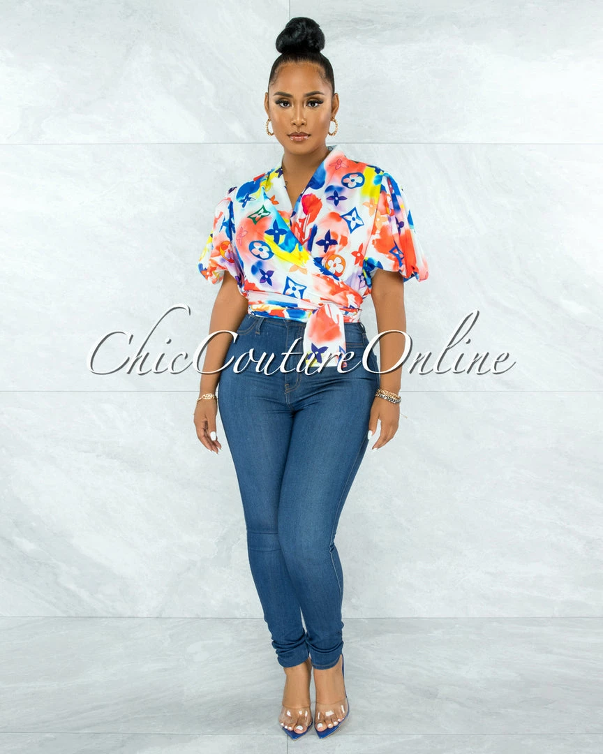 Vendor-unknown David Orange Blue Print Front Tie Bubble Sleeves Blouse