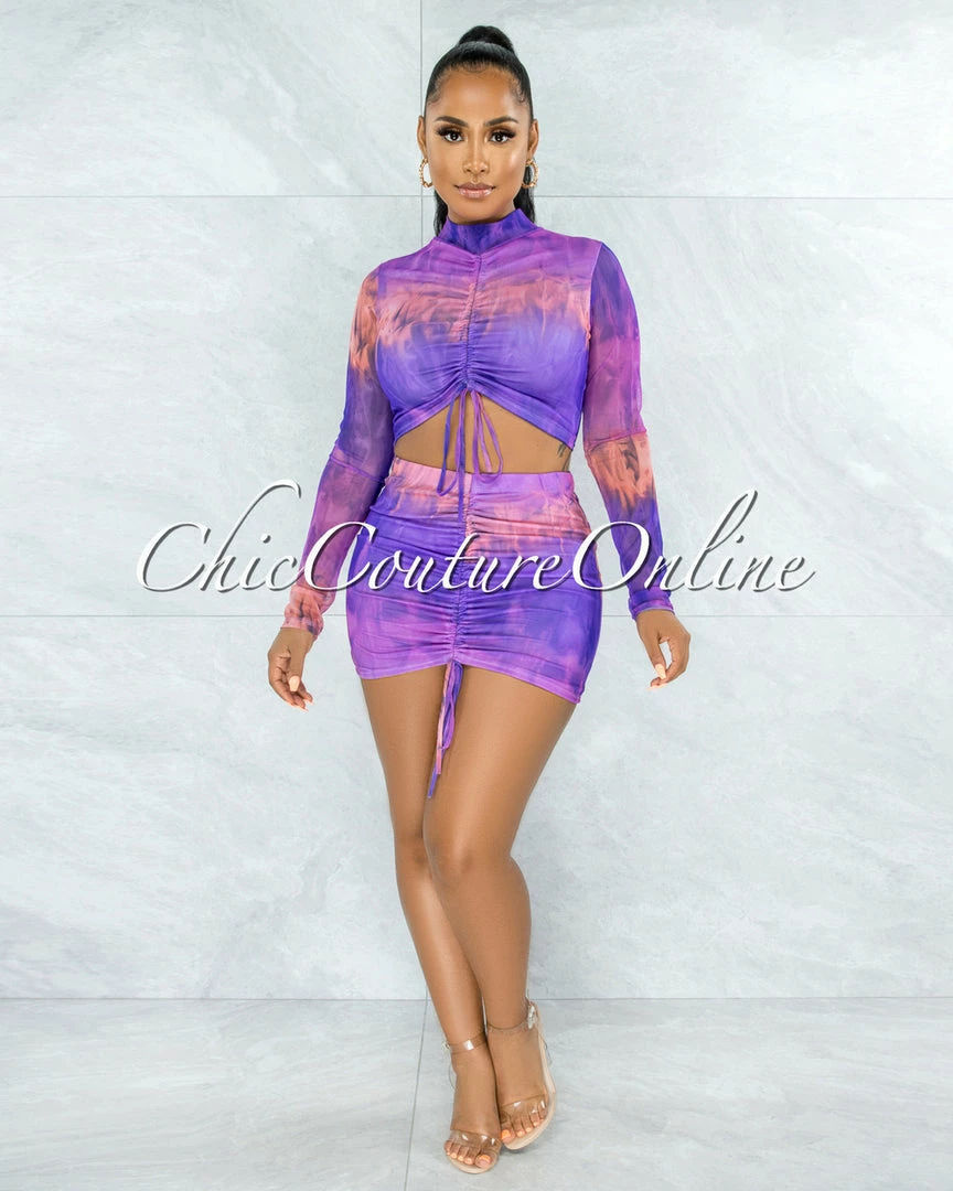 Vendor-unknown Ruhette Purple Pink Tie-Dye Ruched Two Piece Mesh Set
