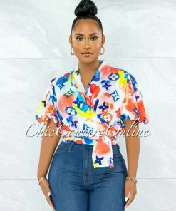 Vendor-unknown David Orange Blue Print Front Tie Bubble Sleeves Blouse