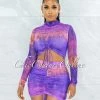 Vendor-unknown Ruhette Purple Pink Tie-Dye Ruched Two Piece Mesh Set
