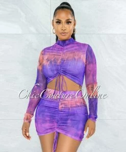 Vendor-unknown Ruhette Purple Pink Tie-Dye Ruched Two Piece Mesh Set