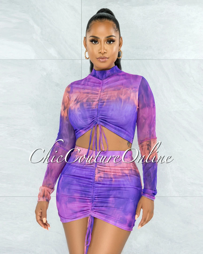 Vendor-unknown Ruhette Purple Pink Tie-Dye Ruched Two Piece Mesh Set