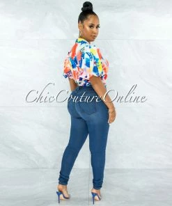 Vendor-unknown David Orange Blue Print Front Tie Bubble Sleeves Blouse